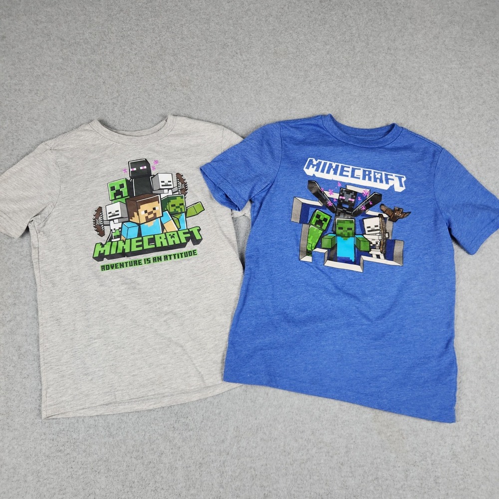 Mojang Studios Minecraft T-Shirt Kids M Gray Blue Graphic Short Sleeve Lot of 2